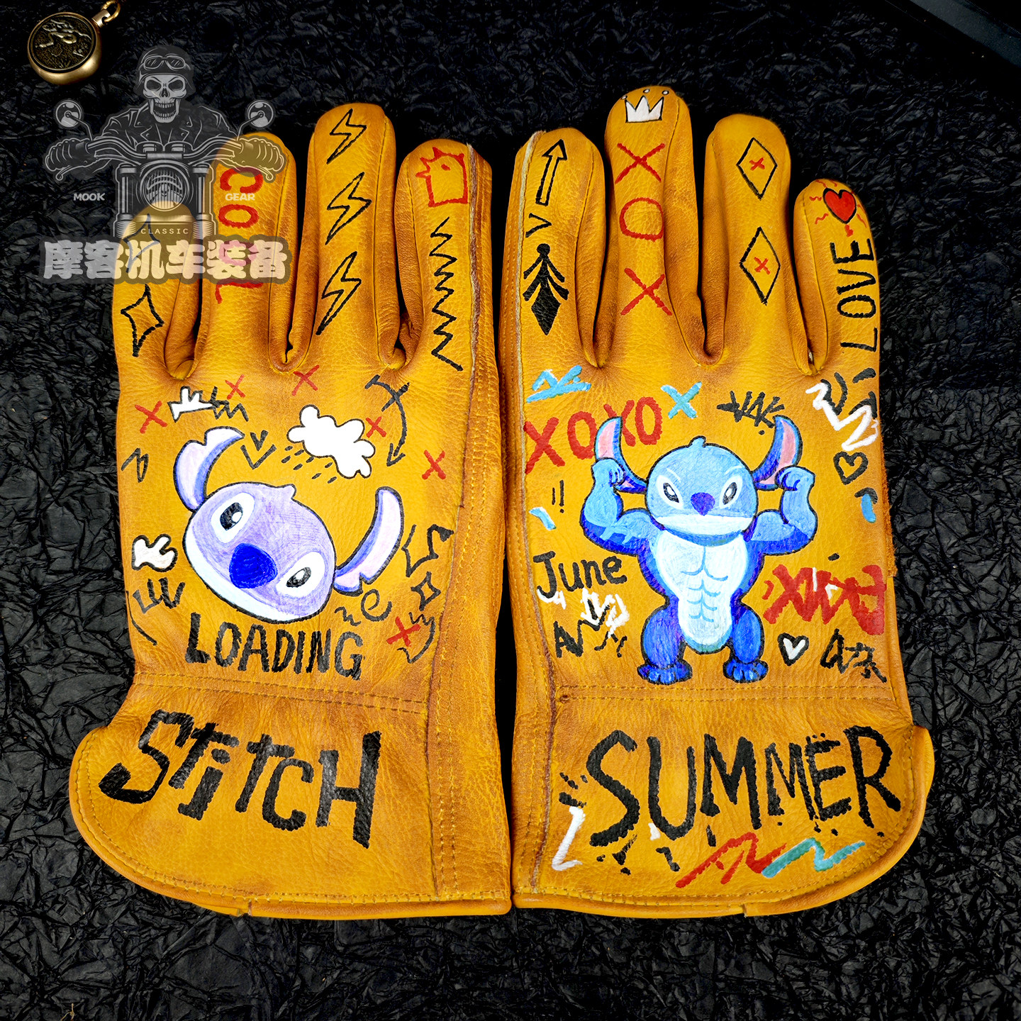 复古做旧机车骑士手套史迪仔可爱卡通摩托车手套女骑行巡航凯旋