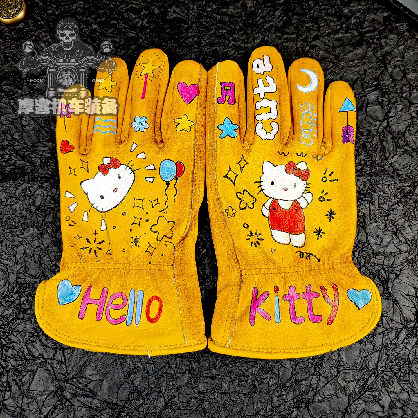 头层牛皮手套手绘HelloKitty男女卡通复古做旧骑行摩托车骑士户外