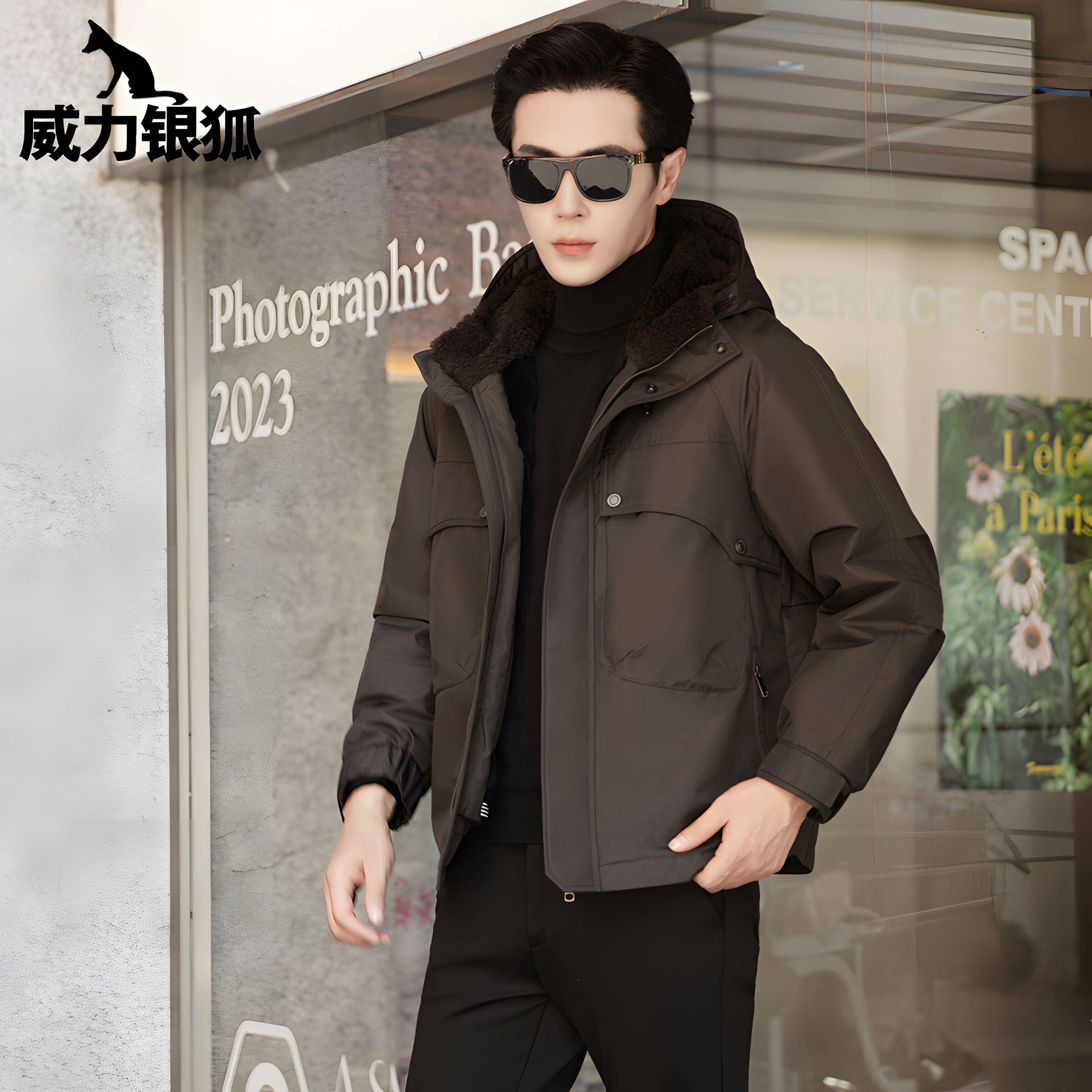 威力银狐连帽貂胆派克服皮毛一体