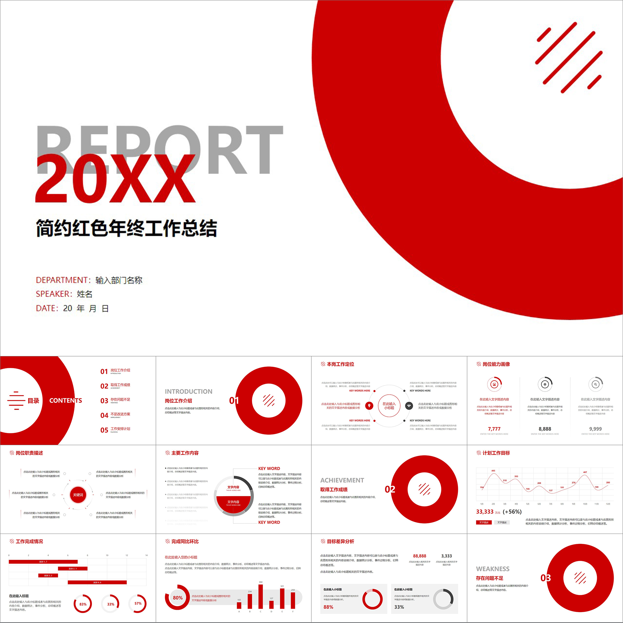 【动态PPT】经典红色简约圆环形工作总结年终述职计划汇报PPT模板
