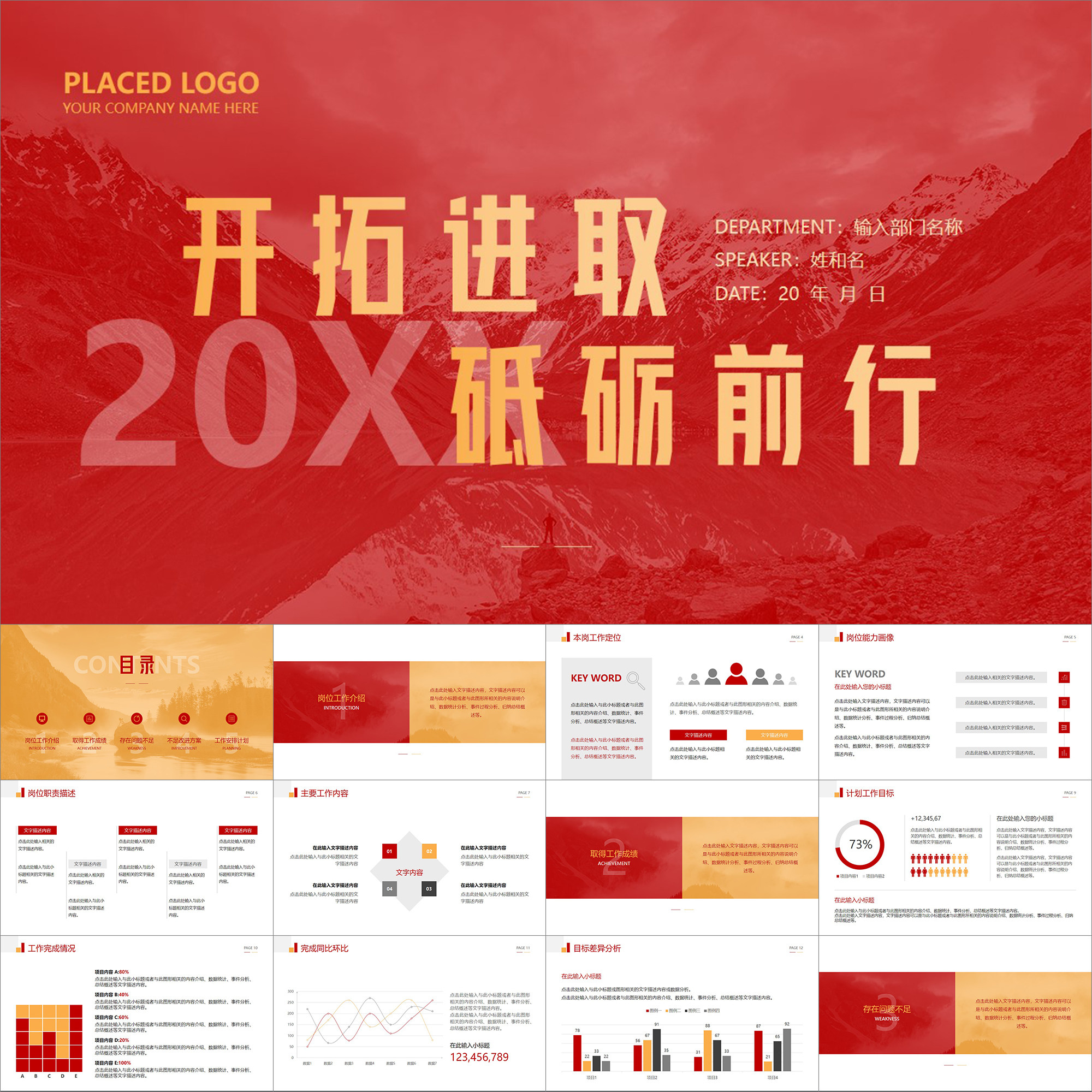 【动态ppt】红黄配色商务风开拓进取总结汇报年终工作报告ppt模板