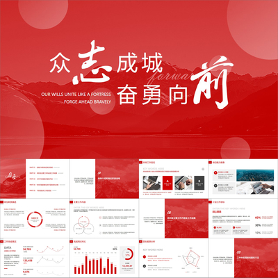 【动态PPT】简约高档精致图文红白色众志成城工作总结报告PPT模板
