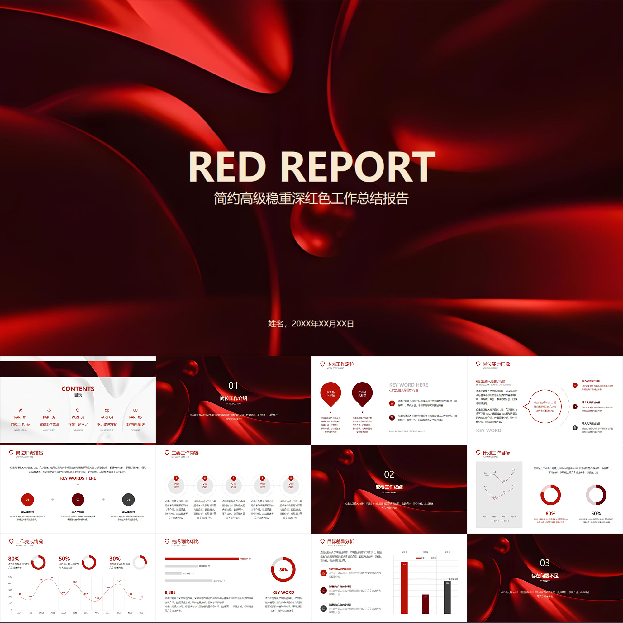 【动态PPT】简约高级稳重大气深红色工作总结年终述职报告PPT模板