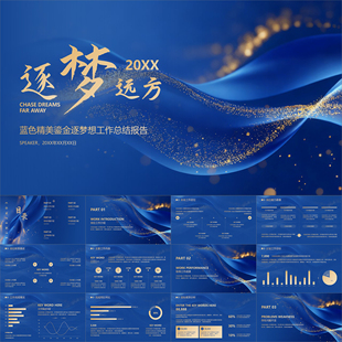 【动态PPT】金蓝色精美鎏金逐梦工作总结报告年终述职汇报PPT模板