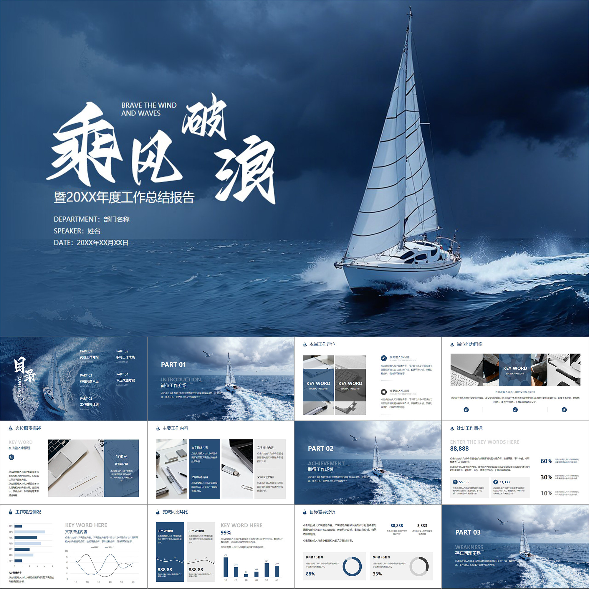 【动态PPT】深蓝色高级简约帆船乘风破浪工作总结竞聘述职PPT模板