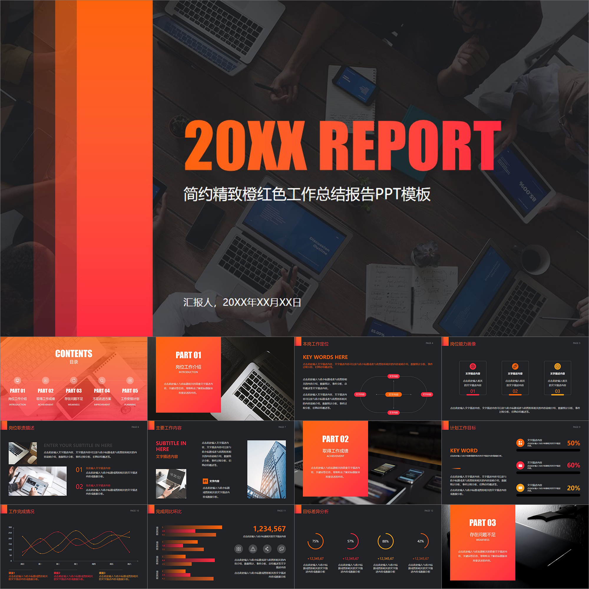 【动态PPT】简约精致橙红色深色背景年度工作总结报告动画PPT模板