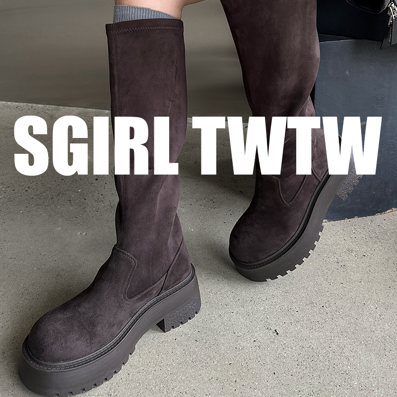 VV-48 SGIRL TWTW复古高筒显瘦秋冬靴子女新款不过膝厚底增高靴