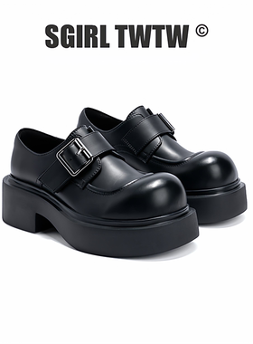 F3K3239 SGIRL TWTW英伦风大头乐福鞋粗跟厚底皮带扣圆头黑色德比