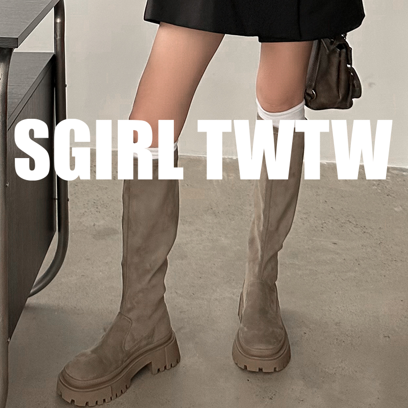 VV-40 SGIRL TWTW不过膝长筒靴显瘦弹力厚底瘦腿小个子增高麂皮靴