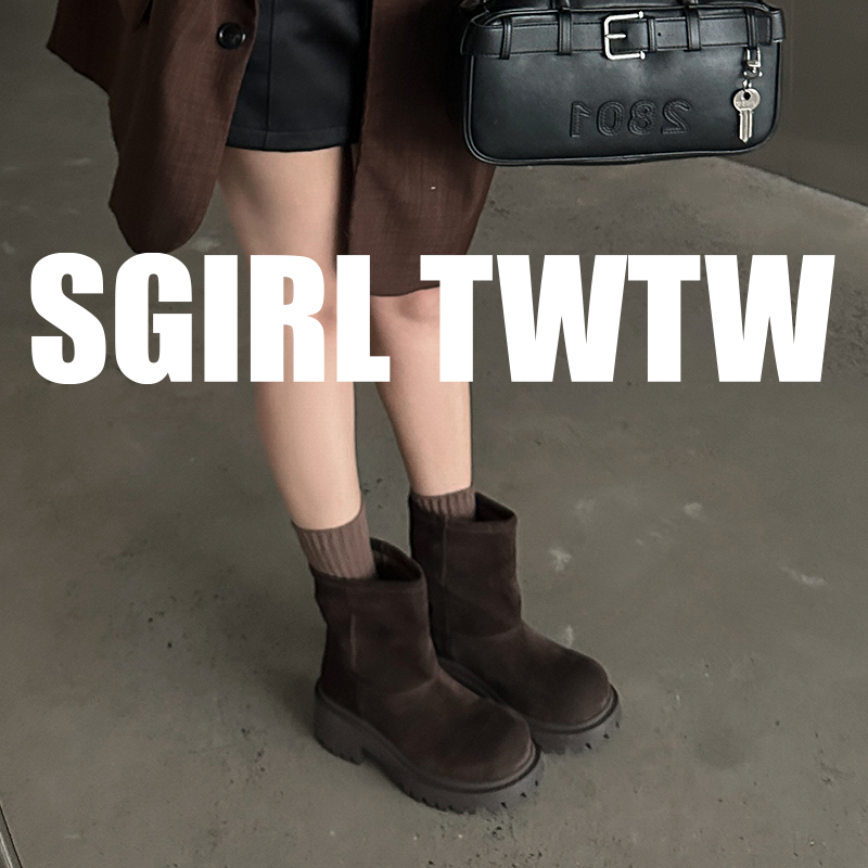 VV-51 SGIRL TWTW女鞋新款秋冬厚底增厚套筒马丁靴圆头英伦风女鞋