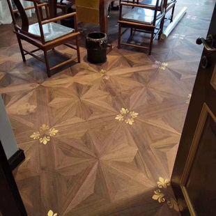 积加实木拼花地板多层黑胡桃铜条环保健康自然方形卧室客餐厅