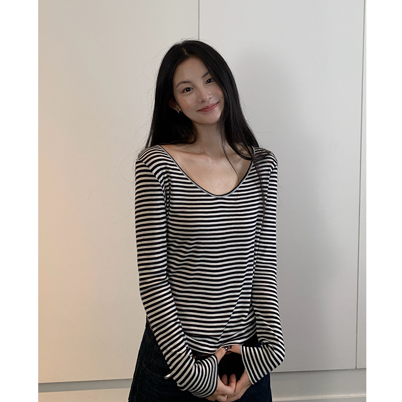 立体裁剪秋季修身羊毛条纹长袖