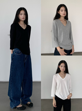 莱赛尔垂感V领七分袖T恤女新款微落肩松弛感宽松显瘦轻薄透气上衣