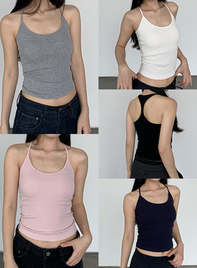 木浆纤维带胸垫挂脖工字背心女夏季新款辣妹高弹修身显瘦吊带上衣