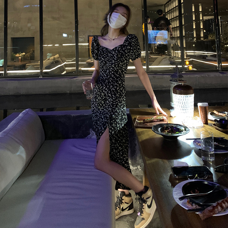 EAL羽迹夏季方领碎花开叉连衣裙