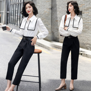 2021早秋新款 女装 韩版 轻熟白衬衫 两件套 时尚 小脚裤 气质套装