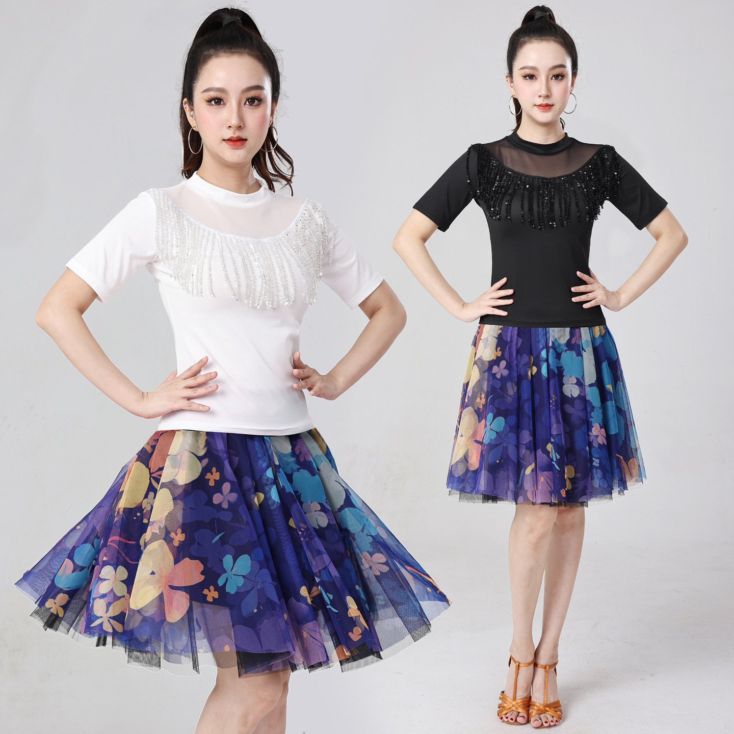 新款拉丁舞服装套装流苏印花网纱裙摩登国标舞交谊舞三步踩演出服