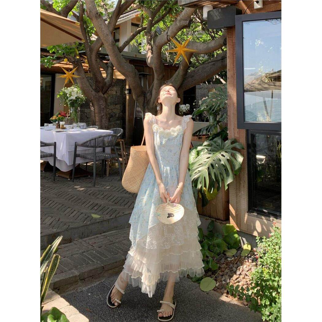度假风方领立体花朵吊带