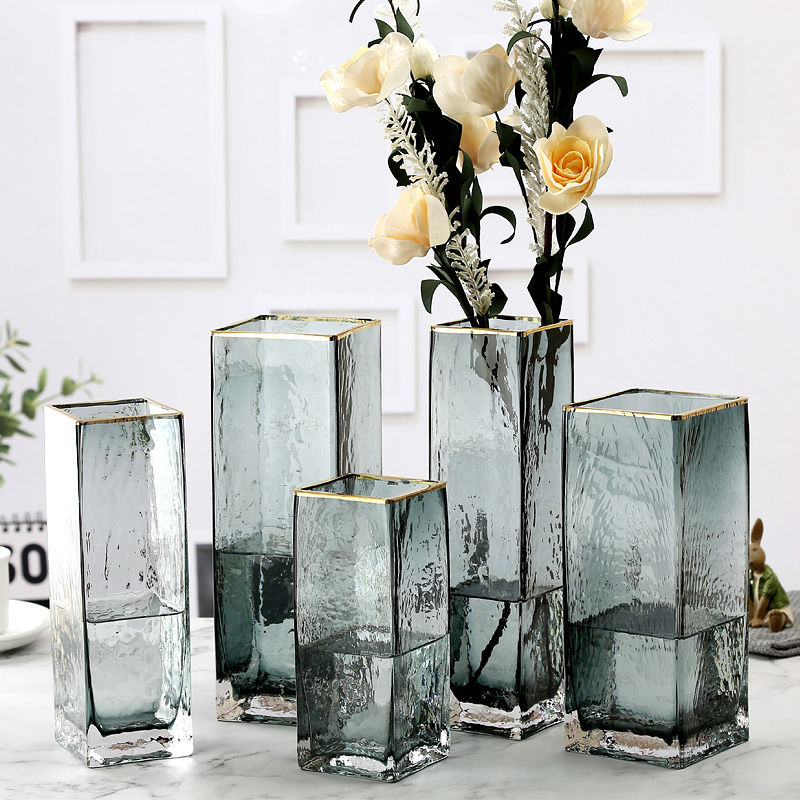 现代简约轻奢描金边方缸玻璃花瓶透明冷纹花器欧式水培插花摆件
