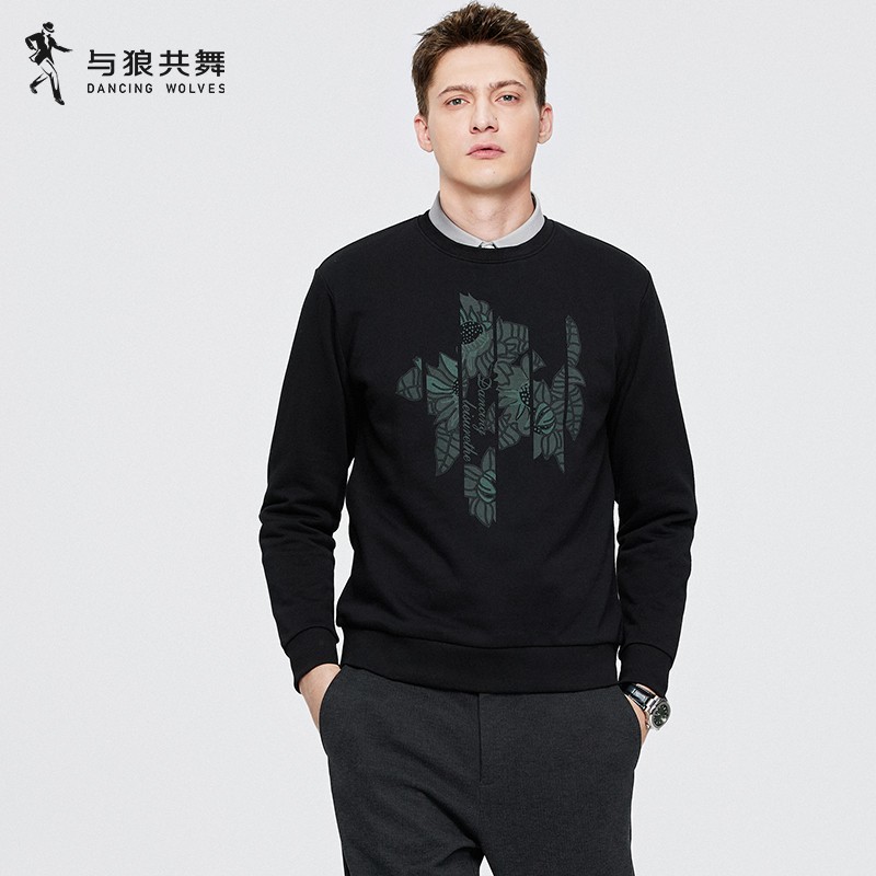 【纯棉】与狼共舞卫衣男圆领2025秋季新款花卉印花休闲弹力套头衫