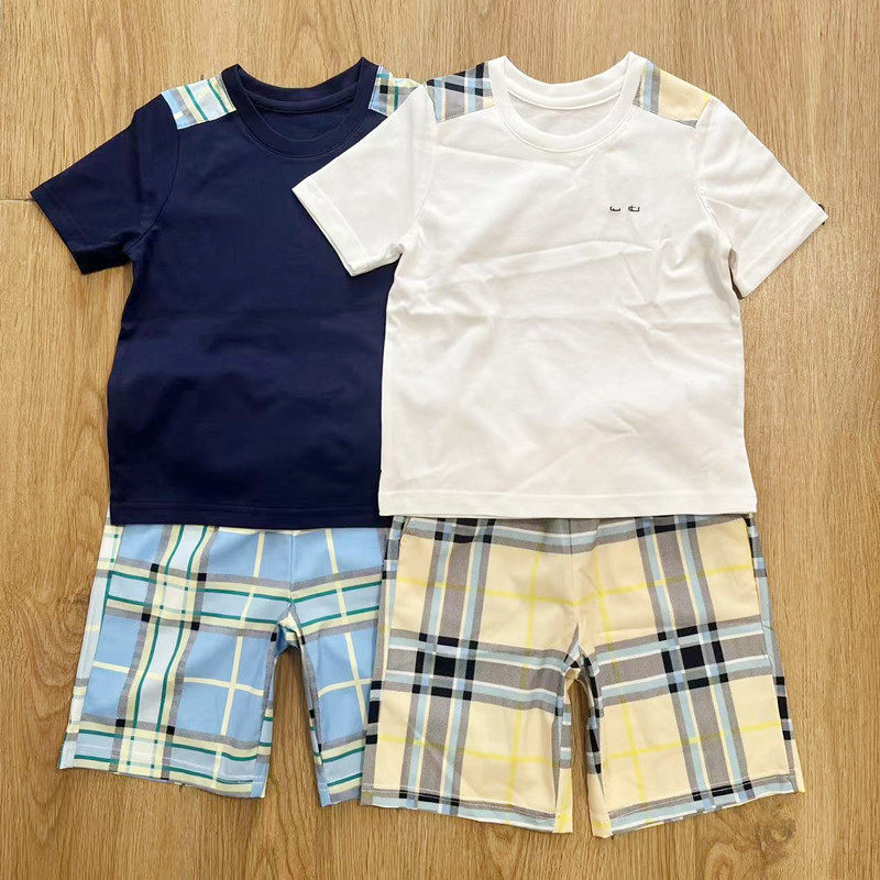 夏季新款男童帅气休闲圆领纯棉短袖t恤+速干格子五分短裤两件套装