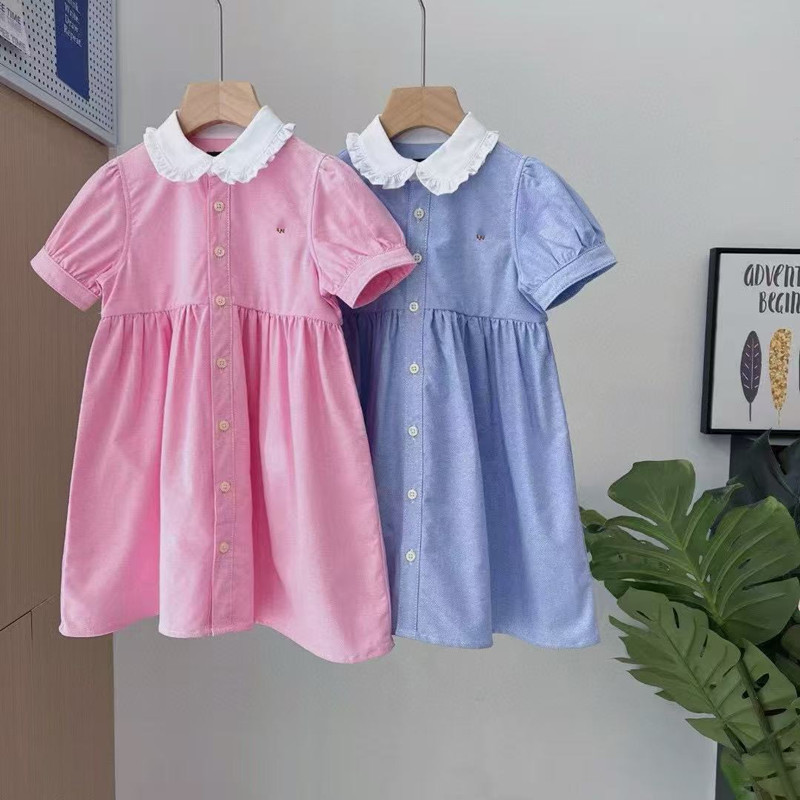 夏季新款女童洋气可爱翻领短袖连衣裙纯棉娃娃领公主裙学院风粉色