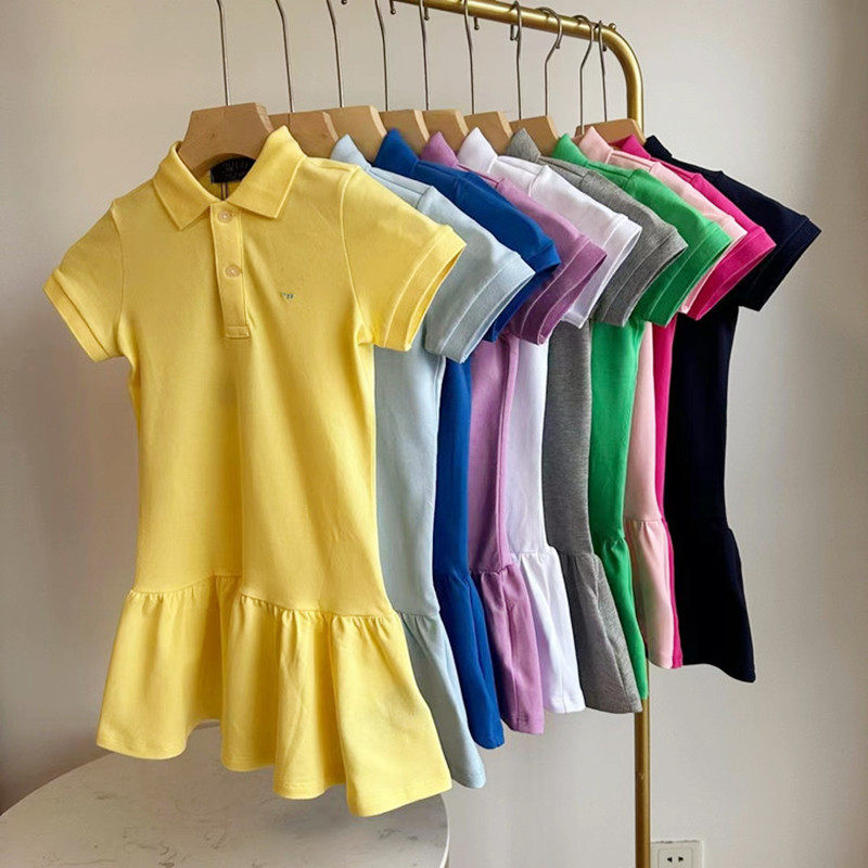 夏季新款外贸女童简约大气珠地棉短袖连衣裙翻领POLO休闲裙荷叶裙