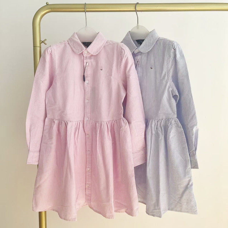 春秋新款女童简约气质清新条纹刺绣翻领长袖纯棉衬衫连衣裙学院风