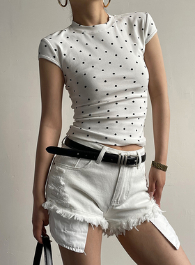 AcupStudio江右上 弹力波点短袖T恤女夏季修身显瘦休闲百搭上衣