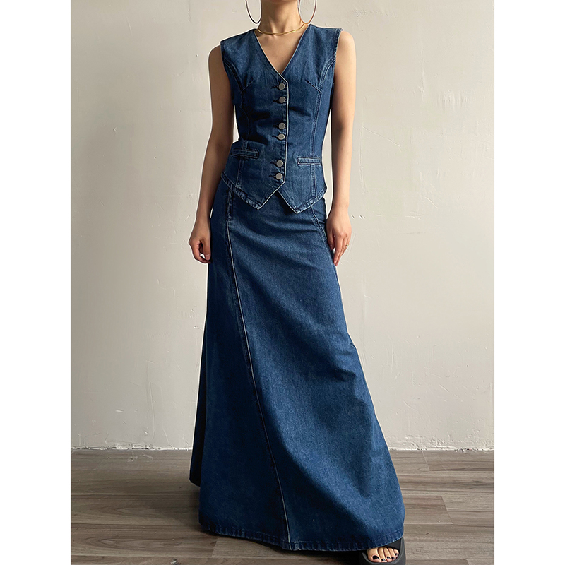 AcupStudio江右上  美式复古休闲套装女夏季牛仔马甲半身裙两件套