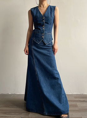 AcupStudio江右上  美式复古休闲套装女夏季牛仔马甲半身裙两件套