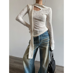 Acupstudio江右上 设计感小众肌理提花飘带修身内搭打底衫上衣女