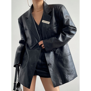 高级感气质外套 皮衣女秋季 AcupStudio江右上 复古翻领四口袋西装
