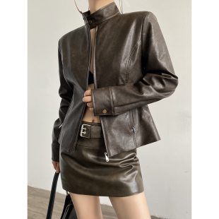 外套 收腰皮衣短款 AcupStudio江右上 欧美炸街立领拉链包夹克修身