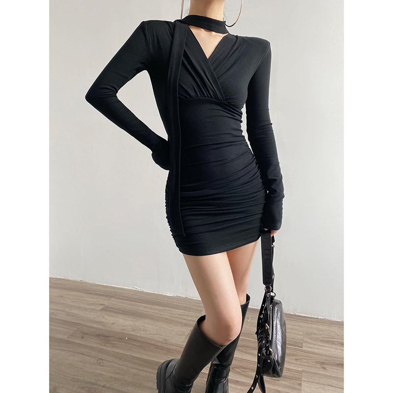 Acupstudio江右上 V领飘带收腰连衣裙女新款内搭修身长袖包臀短裙