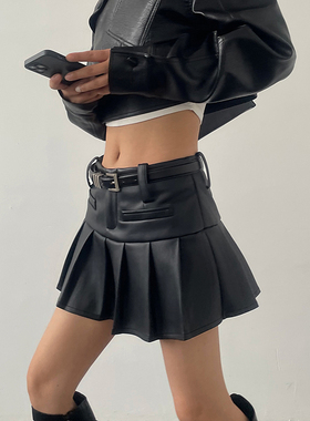 AcupStudio江右上亮皮面设计感辣妹百褶半身裙女复古防走光短裙子