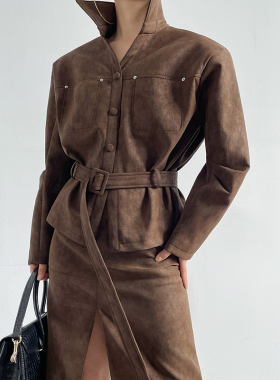 AcupStudio江右上 绑带收腰翻领麂皮绒夹克短外套女