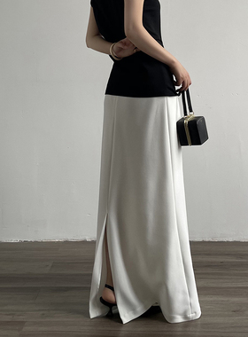 AcupStudio江右上 气质高级感后开叉长款半身裙女缎面感直筒半裙