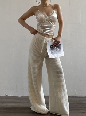 Acupstudio江右上 仿水貂宽松抽绳针织裤女新款高腰休闲直筒长裤