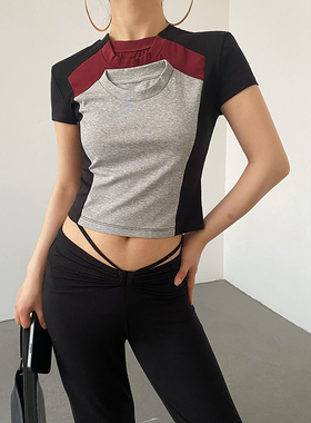 AcupStudio江右上 假三件圆领短袖T恤女夏季设计感修身短款上衣