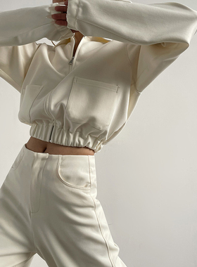 Acupstudio江右上  两色收腰宽松显瘦翻领拉链运动衫夹克外套女