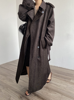 AcupStudio江右上美式复古棕色双排扣宽松长款阔版牛仔风衣外套女