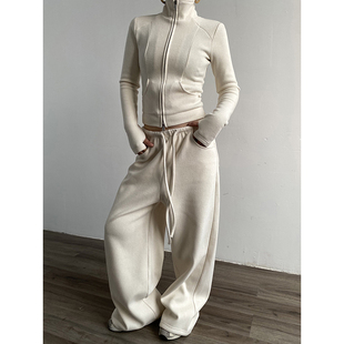 Acupstudio江右上 立领修身卫衣套装女新款秋冬美式阔腿裤两件套
