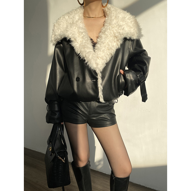 毛毛翻领短款皮衣外套派克服女
