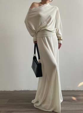 Acupstudio江右上 斜肩蕾丝针织衫套装女长款拖地半身裙两件套