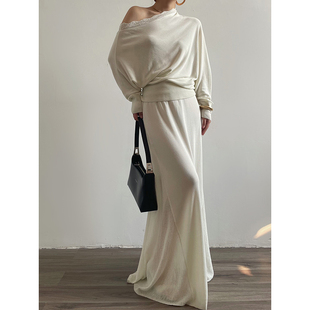 Acupstudio江右上 斜肩蕾丝针织衫套装女长款拖地半身裙两件套