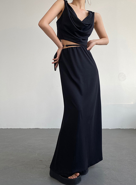 AcupStudio江右上 堆堆领无袖背心上衣+腰绑带弹力半身长裙套装女