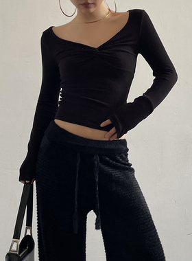 Acupstudio江右上 V领百搭扭结长袖打底T恤女新款修身设计感上衣
