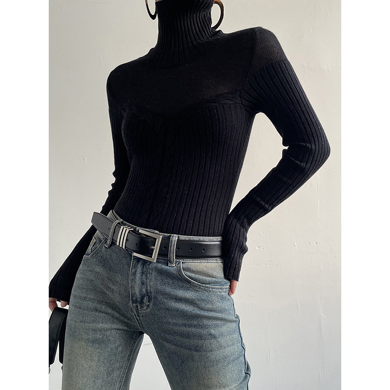 Acupstudio江右上 半透小麻花针织打底衫女新款修身显瘦高领毛衣