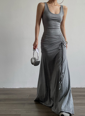 AcupStudio江右上 欧美复古显气质感三色层叠褶皱长款背心吊带裙